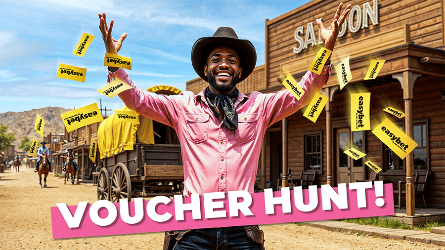 A cheerful cowboy in a pink shirt celebrates as Easybet vouchers fly around, with "VOUCHER HUNT!" displayed in bold text.