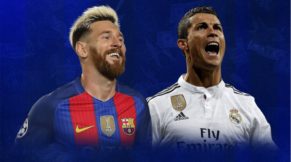 Lionel Messi and Cristiano Ronaldo in their Barcelona and Real Madrid kits.