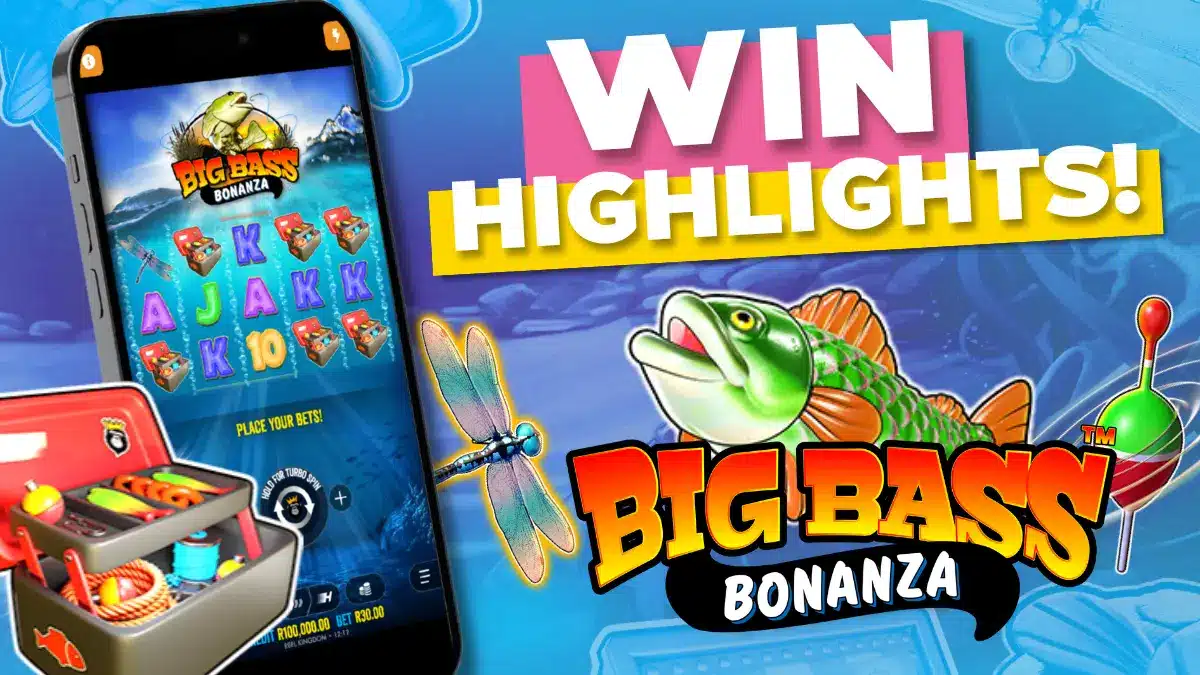 Promotional graphic highlighting the Big Bass Bonanza slot with gameplay shown on a smartphone and the text “Win Highlights!”